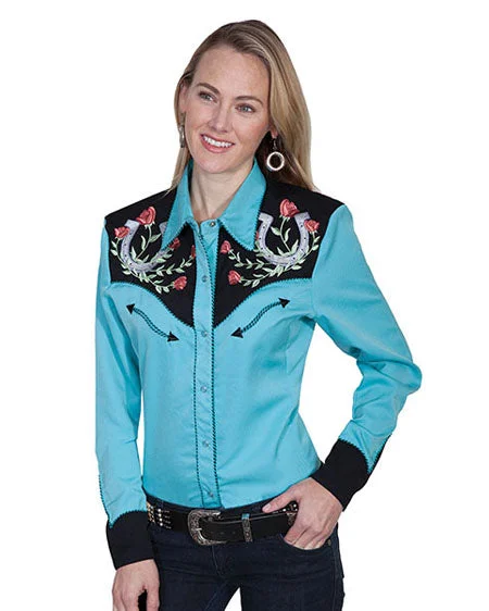 Women's Horse Shoe Embroidered Blouse Delicate Bow Blouse