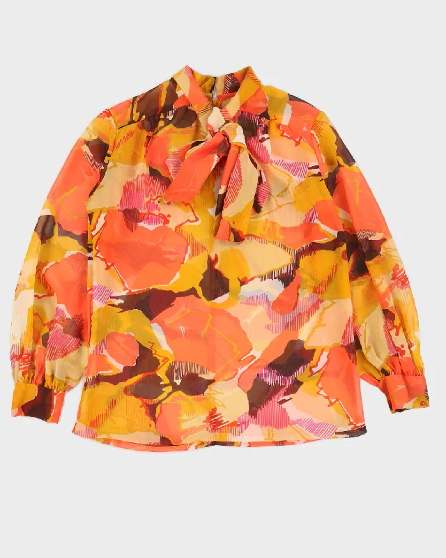 Vintage 80s Elite Peach & Brown Printed Blouse - L Ruffled Neck Blouse