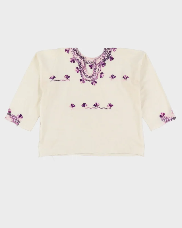 Vintage 1980s Cream Embroidered Blouse - M Side Tie Blouse