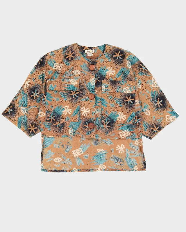 Vintage 80s Naturelle Brown & Blue Printed Button Up Blouse - M Pleated Collar Blouse
