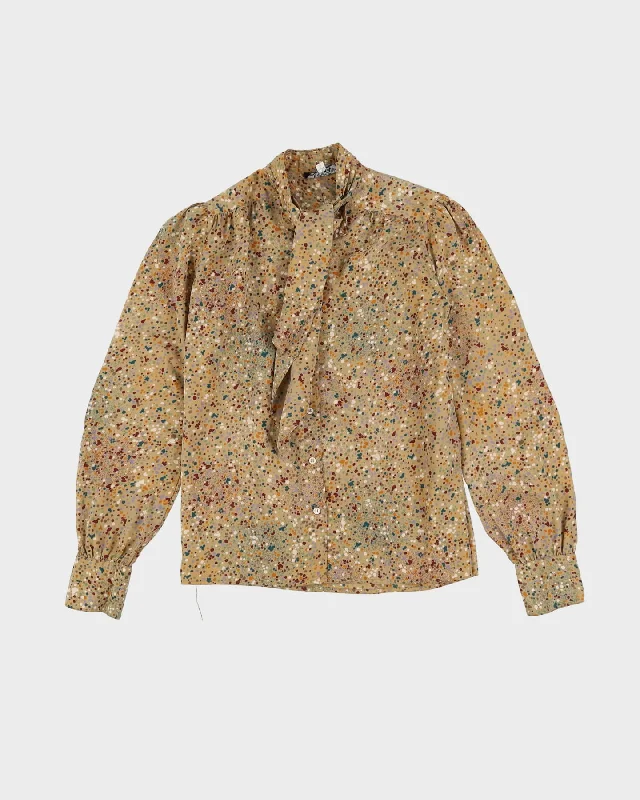 1980s Beige Patterned Blouse - S Casual Relaxed Fit Blouse