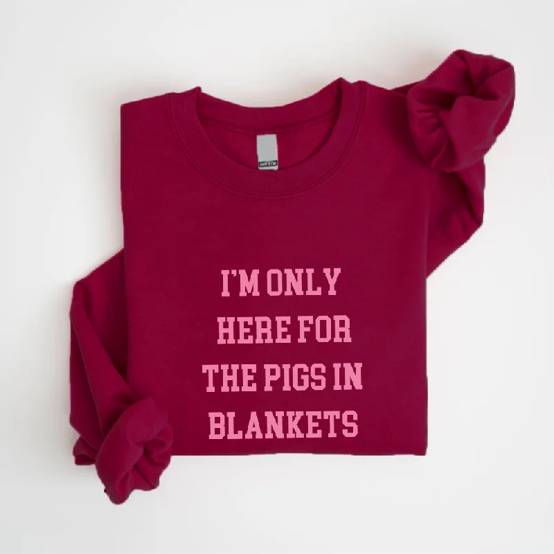 Here For The Pigs In Blankets Christmas Sweatshirt Hoodie with Raw Hem Edgy Unfinished Here For The Pigs In Blankets Christmas Sweatshirt Hoodie with Raw Hem Edgy Unfinished