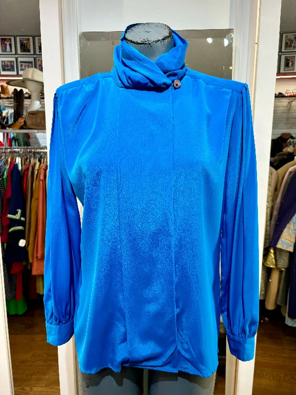 80’s Electric Blue High Neck Blouse Modern Work Blouse