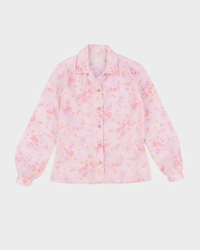 Vintage 1980s Pink Floral Blouse - XS Balloon Sleeve Blouse