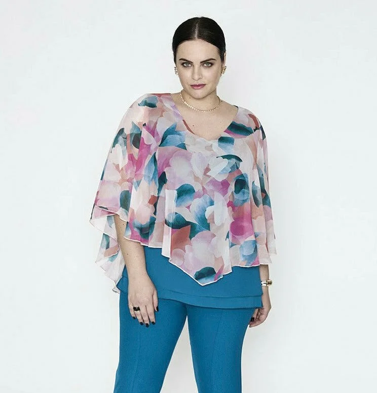 SPG Chiffon Layer Blouse in Teal Watercolour Print Wrap Front Blouse