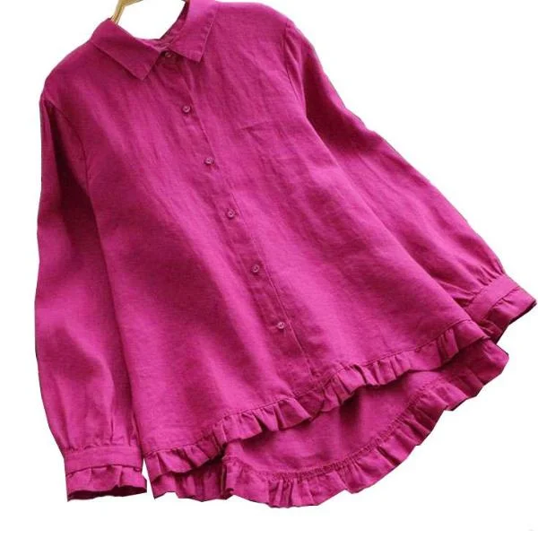 Mferlier Ladies Smart Casual Cotton Linen Summer Top Turn Down Collar Long Sleeve Artsy Ruffles Patchwork Women Blouses Embroidered Floral Blouse
