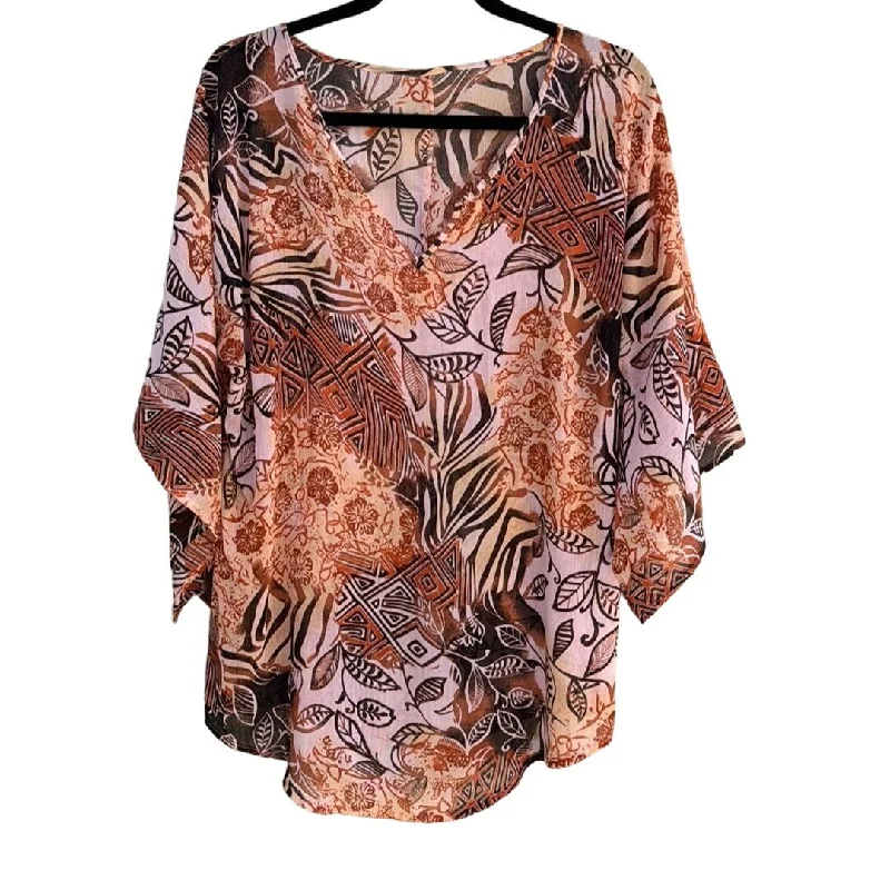 Semi Sheer Women's Multicolor Flowy Boho Geometric Print V-Neck Beaded Blouse -L Double-Layered Blouse Semi Sheer Women's Multicolor Flowy Boho Geometric Print V-Neck Beaded Blouse -L Double-Layered Blouse