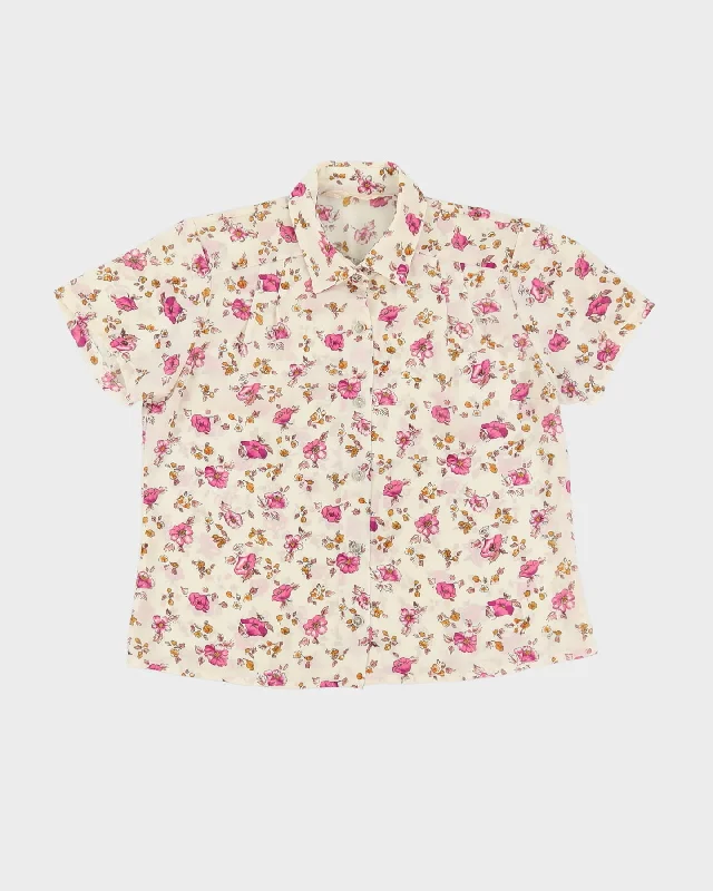 Vintage 1980s Pink Floral Blouse - S Frilled Cuff Blouse