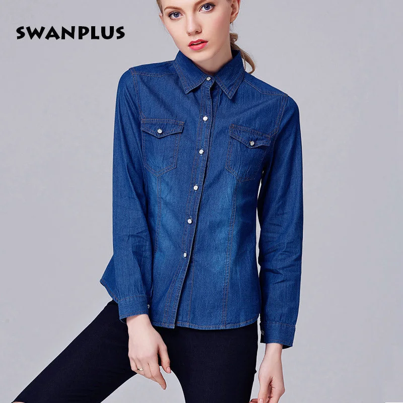 Womens Fashion Denim Shirt Lapel Neck 2018 Spring Autumn Female Cowboy Tops Long Sleeve with Pockets Ladies Cowgirl Blouses Blue Feminine Pastel Blouse Womens Fashion Denim Shirt Lapel Neck 2018 Spring Autumn Female Cowboy Tops Long Sleeve with Pockets Ladies Cowgirl Blouses Blue Feminine Pastel Blouse