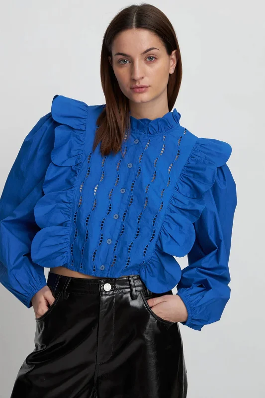 Blouse with Scallops and Embroideries (Clear Blue) Sheer Sleeve Blouse