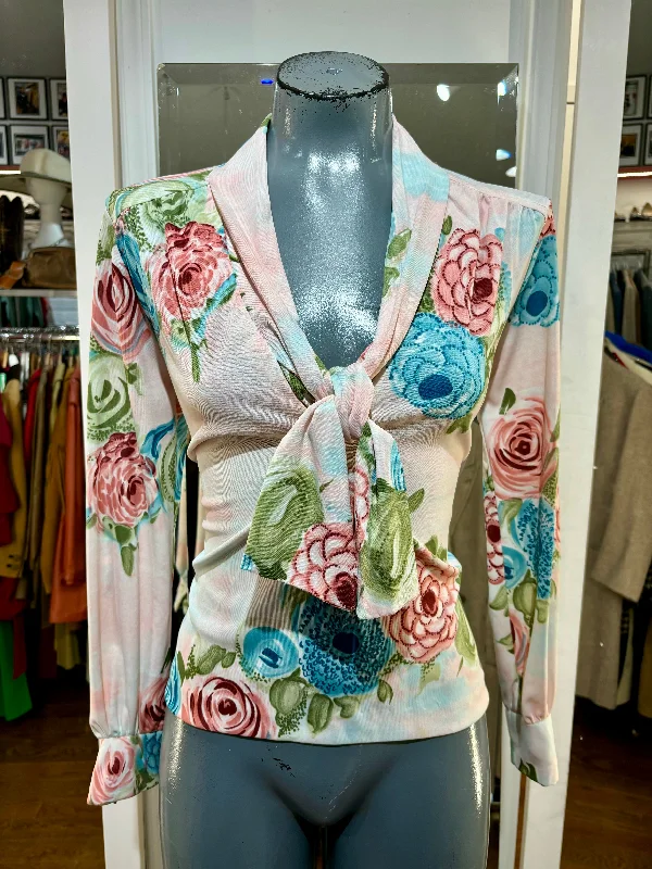 70’s Pink Multicolor Flower Print Blouse With Bow Boho Printed Blouse