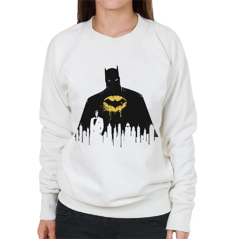 Batman Gotham City Skyscraper Silhouette Women's Sweatshirt Hoodie with Raw Hem Edgy Unfinished