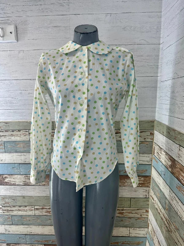 60’s Off White Multicolor Dot Print Blouse With Peter Pan Collar By Lady Manhattan Satin Long Blouse 60’s Off White Multicolor Dot Print Blouse With Peter Pan Collar By Lady Manhattan Satin Long Blouse