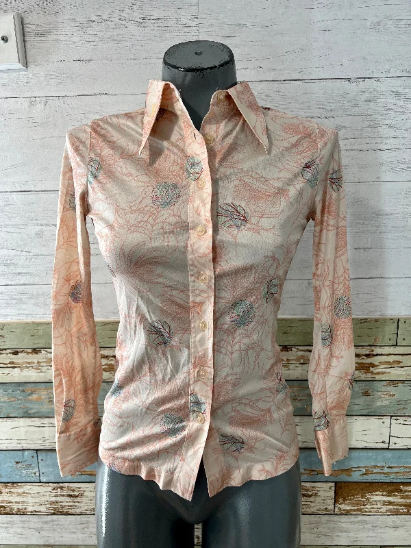 70’s Pastel Pink Abstract Print Long Sleeve Disco Blouse By Huk A Poo Classic Striped Blouse 70’s Pastel Pink Abstract Print Long Sleeve Disco Blouse By Huk A Poo Classic Striped Blouse