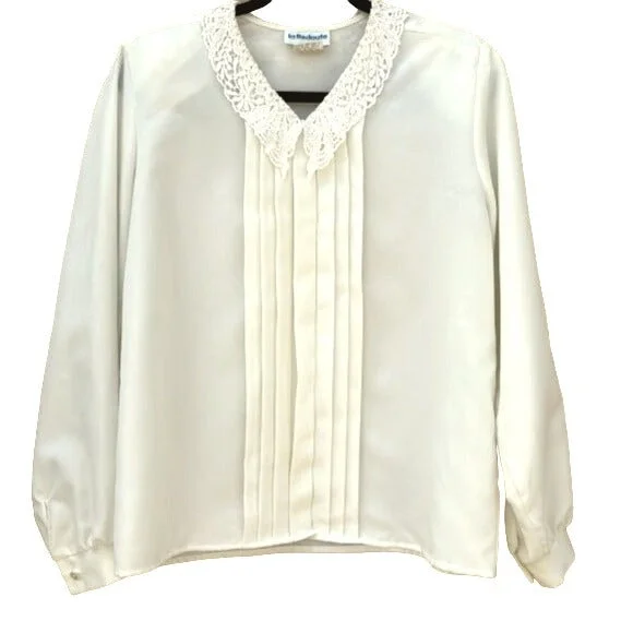 La Redoute Vintage 80s V Neck Lace Collar Pleated Hidden Button Front Blouse -14 Business Casual Blouse La Redoute Vintage 80s V Neck Lace Collar Pleated Hidden Button Front Blouse -14 Business Casual Blouse