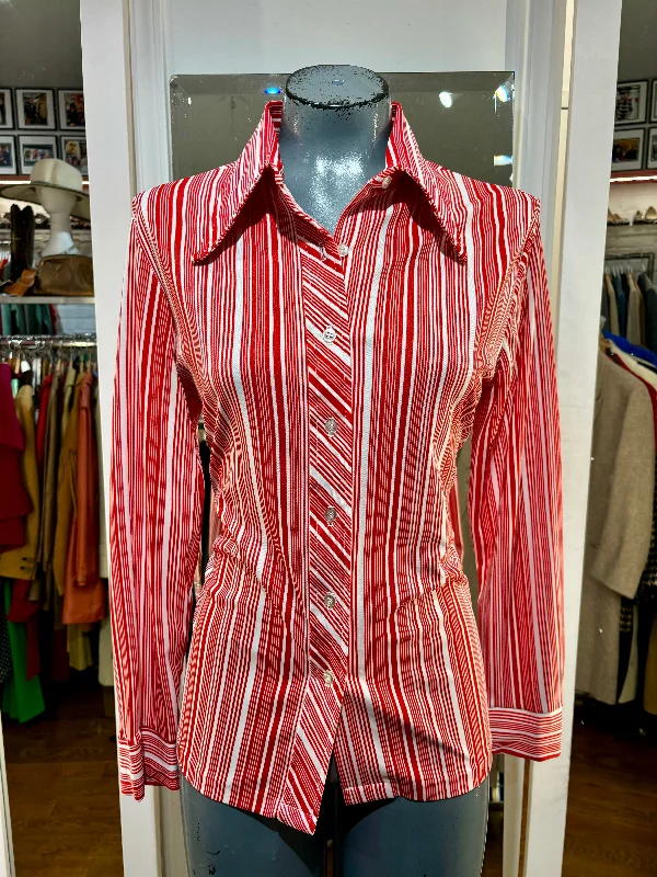 70’s Red and White Vertical Style Stripes Long Sleeve Blouse Flowy Bohemian Blouse