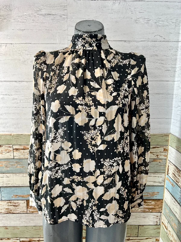 80’s Black & Beige Sheer Flower Print Blouse Elegant Semi-Sheer Blouse