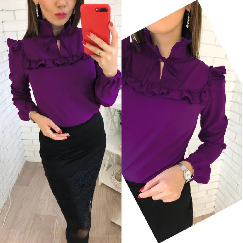 Women Fashion Long Sleeve Ruffles Loose Blouses Tops 2018 New lady Summer Casual Party Purple Navy blue Office Shirt blouse Elegant Silk Blouse Women Fashion Long Sleeve Ruffles Loose Blouses Tops 2018 New lady Summer Casual Party Purple Navy blue Office Shirt blouse Elegant Silk Blouse