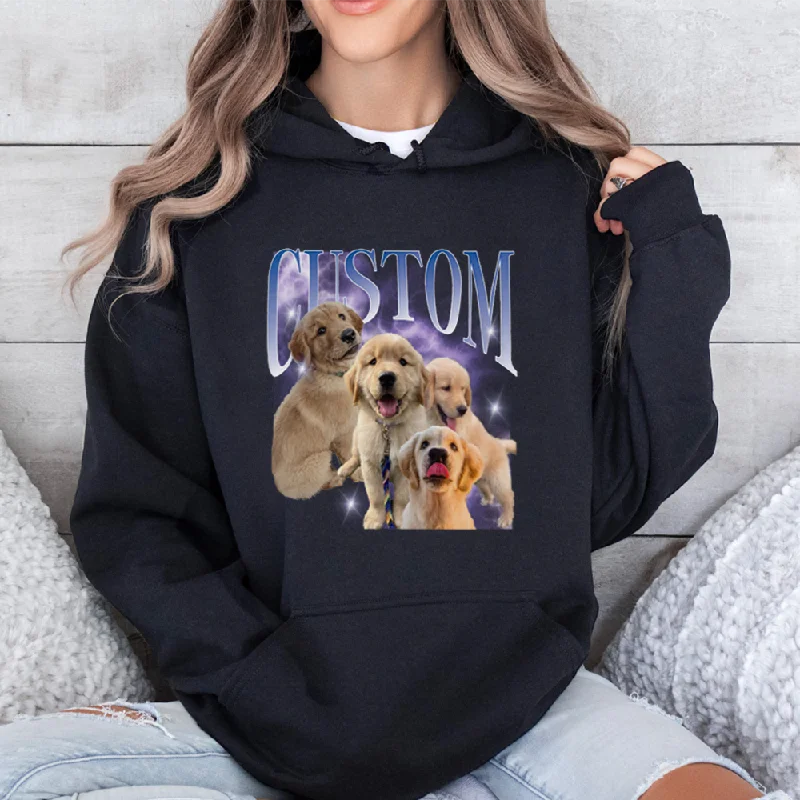 Customise Pet vintage Black Hoodie Hoodie with Hem Applique Textured Unique