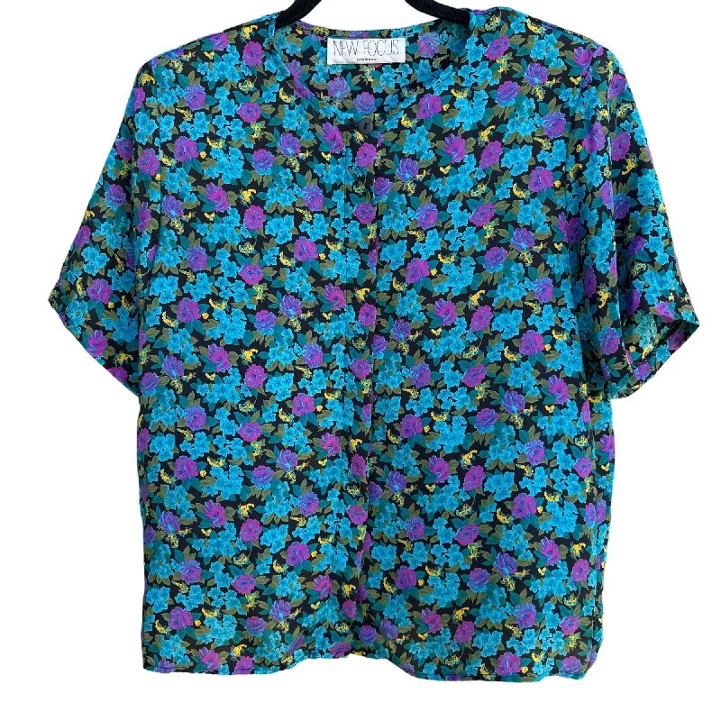 New Focus Vintage Boho Cottage Floral Teal Purple Short Sleeve Button Up Blouse Feminine Satin Blouse New Focus Vintage Boho Cottage Floral Teal Purple Short Sleeve Button Up Blouse Feminine Satin Blouse
