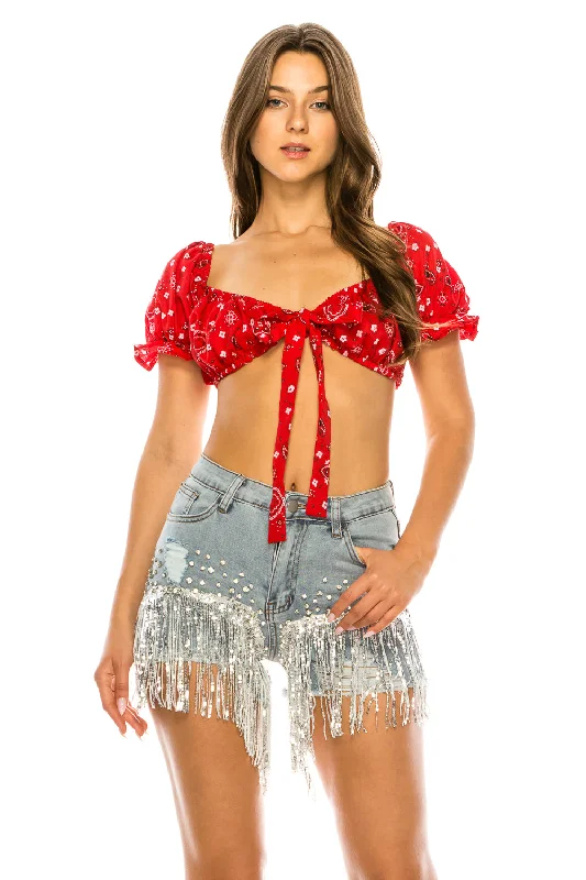 BANDANA PRINT CROP BLOUSE Embellished Collar Blouse