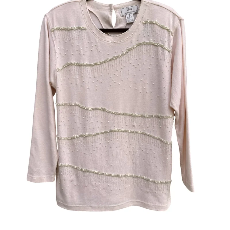 Lisa International Vintage Pink Pearl Beaded Sequin Long Sleeve Blouse Top M Ruched Sleeve Blouse