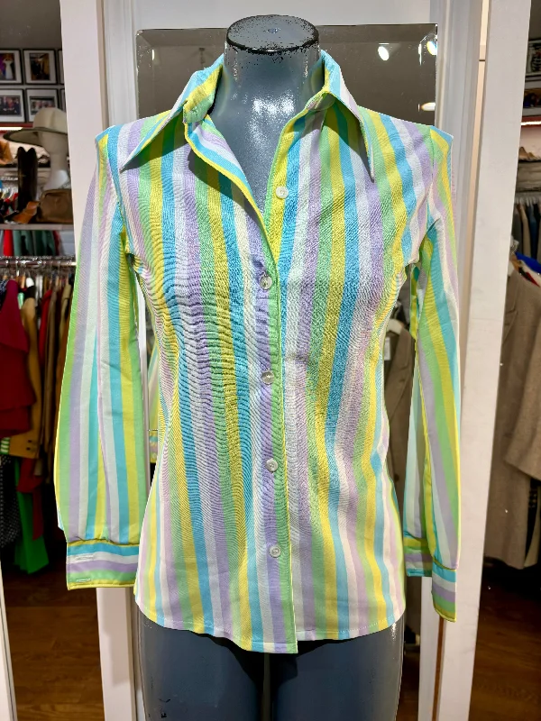 70’s Mint candy Stripe Long Sleeve Blouse Versatile Layering Blouse