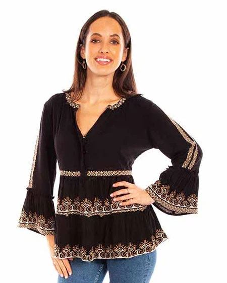 Women's Embroidered Ruffle Blouse Textured Cotton Blouse