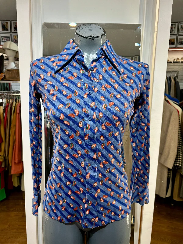 70’s Blue With Parsley & She’ll Print Long Sleeve Disco Blouse By Huk A Poo Embroidered Floral Blouse 70’s Blue With Parsley & She’ll Print Long Sleeve Disco Blouse By Huk A Poo Embroidered Floral Blouse