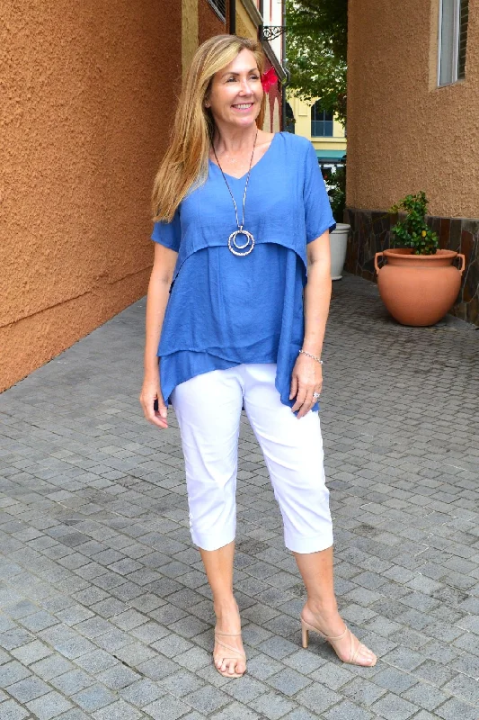 Wedgewood Blue Layered Tunic Blouse Stretchy Fitted Blouse