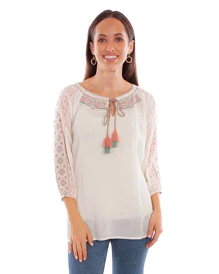 Women's Tie Front Pull Over Embroidered Blouse Flowy Bohemian Blouse