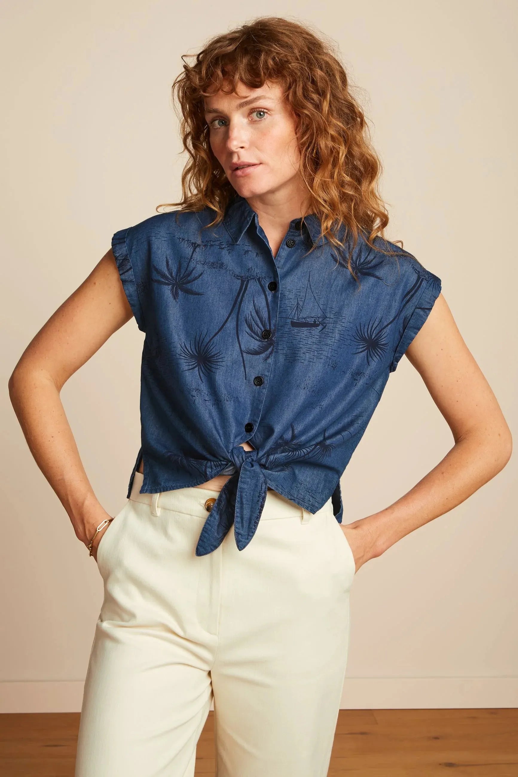 King Louie Knot Blouse Daytrip in Denim Blue Sheer Sleeve Blouse