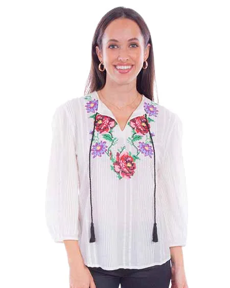 Women's Embroidered Blouse Silky Draped Blouse