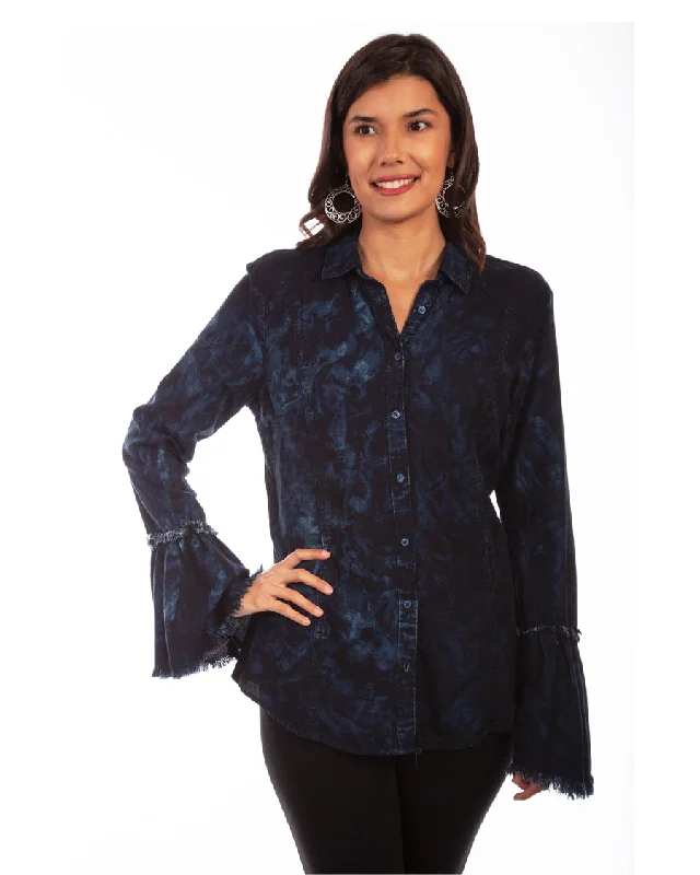 Women's Washed Tie Die Ruffle Sleeves Blouse Puff Sleeve Blouse