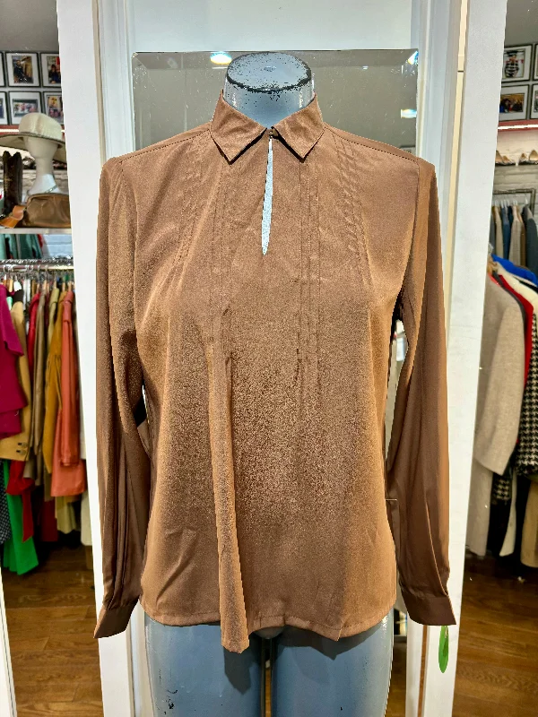 80’s Copper Brown Button up Blouse By J. G. Hook Mandarin Collar Blouse
