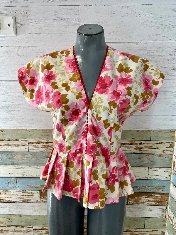 00’s Revival 60s Pink V Neck Blouse by Soho Mode Nyc Ruffled Neck Blouse