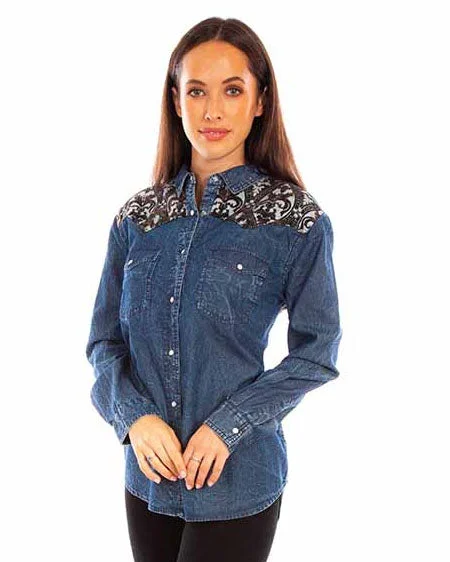 Women's Denim Blouse with Jacquard Contrast Polished Work Blouse