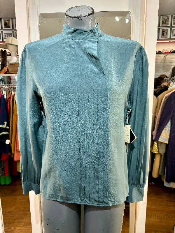 80’s Olive Green Front Pleaded Blouse By Kenar Casual Button Blouse
