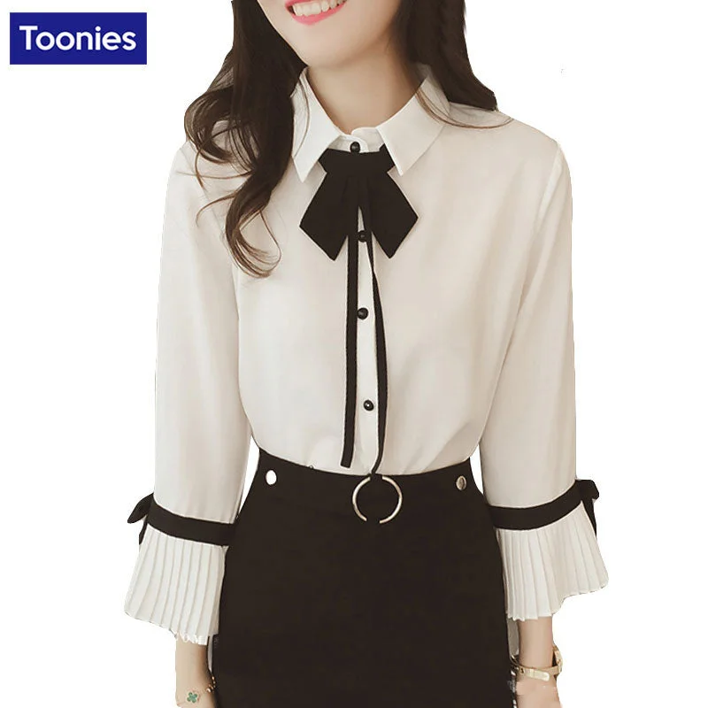 Chiffon Shirts Women Blouses 2018 Spring Autumn Fashion Preppy Casual Blouse Bow Tie Long Trumpet Sleeve Women's Shirt Elegant Semi-Sheer Blouse Chiffon Shirts Women Blouses 2018 Spring Autumn Fashion Preppy Casual Blouse Bow Tie Long Trumpet Sleeve Women's Shirt Elegant Semi-Sheer Blouse