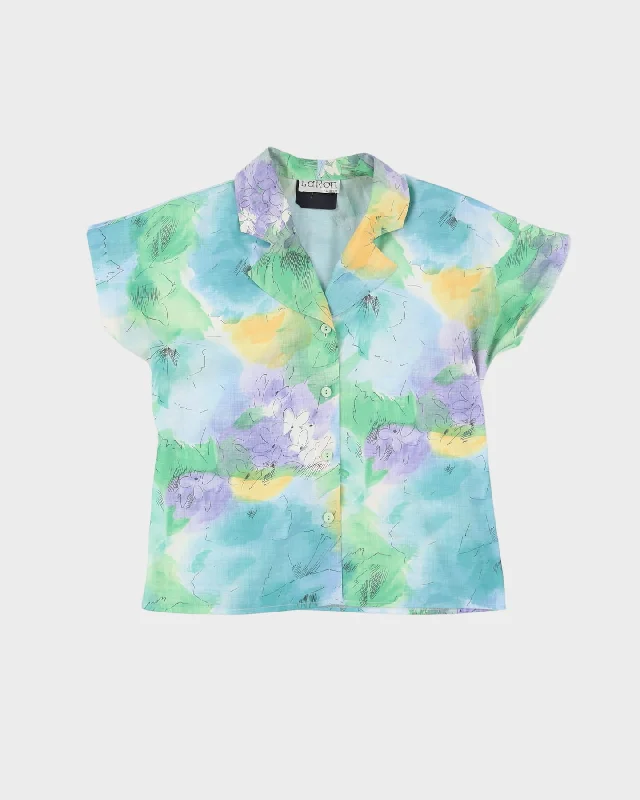 Vintage 1980s Blue And Green Patterned Blouse - S Satin Bow Blouse