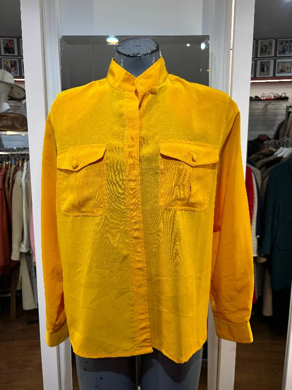 90’s Bright Yellow Mandarine Neck Long Sleeve Blouse Sheer Sleeve Blouse