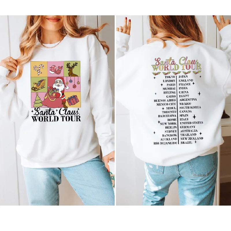 Santa Claus World Tour Front & Back Sweatshirt Hoodie with Hem Detail Decorative Unique