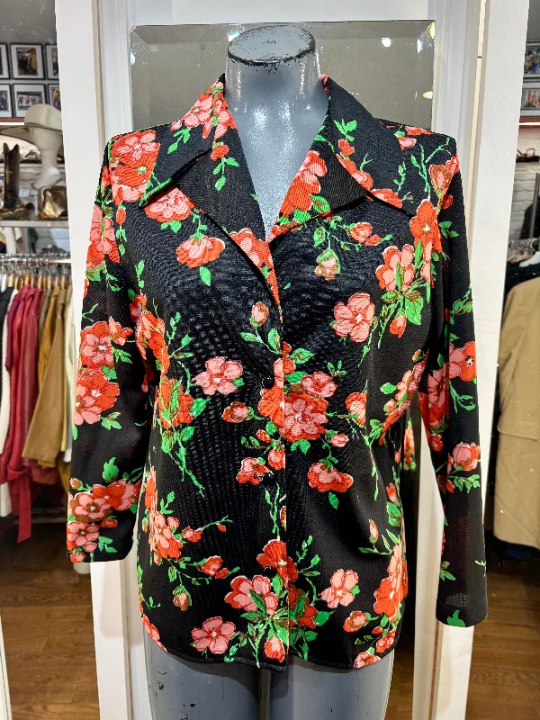 70’s Black with Flower Print Long Sleeve Blouse Double Button Blouse