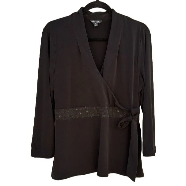 George Faux Wrap Embellished Waist Side Tie Long Sleeve Stretch Women's Blouse L Casual Relaxed Fit Blouse George Faux Wrap Embellished Waist Side Tie Long Sleeve Stretch Women's Blouse L Casual Relaxed Fit Blouse