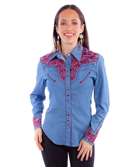 Women's Floral Embroidered Blouse Semi-Sheer Blouse