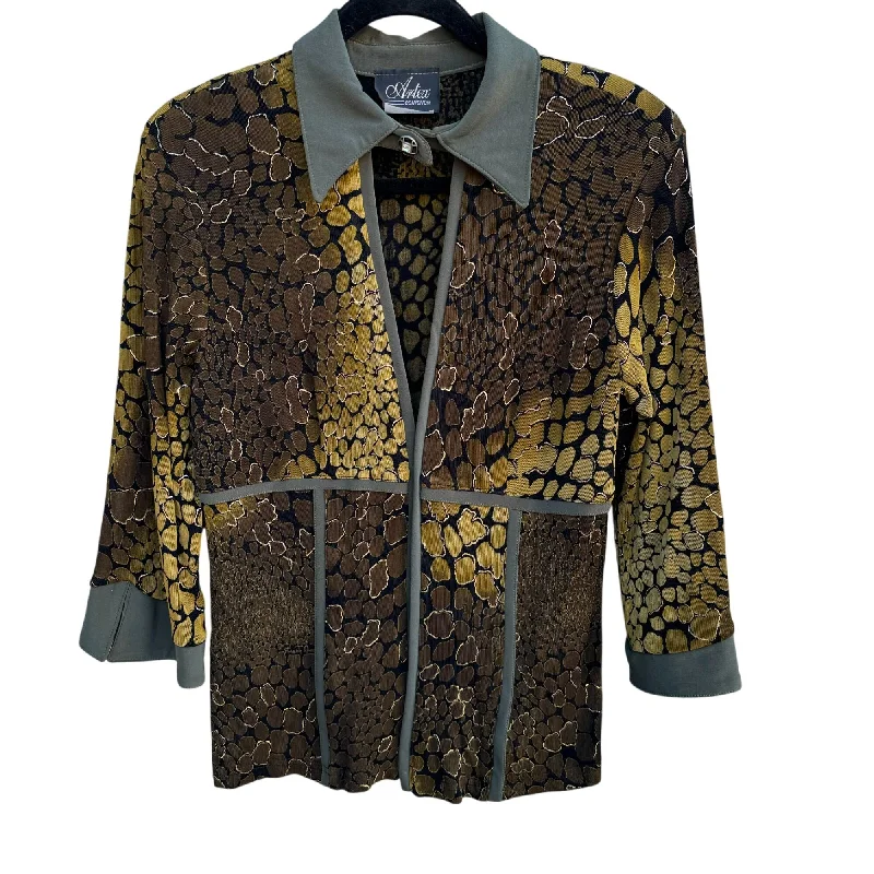 Artex Collection Womens Animal Print Green Trim Collared V Neck Top Blouse Med Silky Tunic Blouse Artex Collection Womens Animal Print Green Trim Collared V Neck Top Blouse Med Silky Tunic Blouse