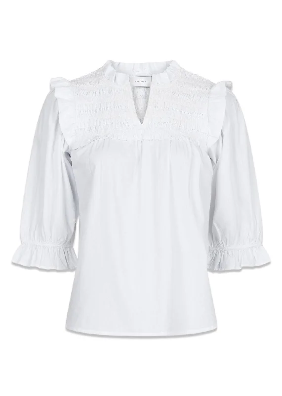 Miri C poplin Blouse - White Ruched Sleeve Blouse