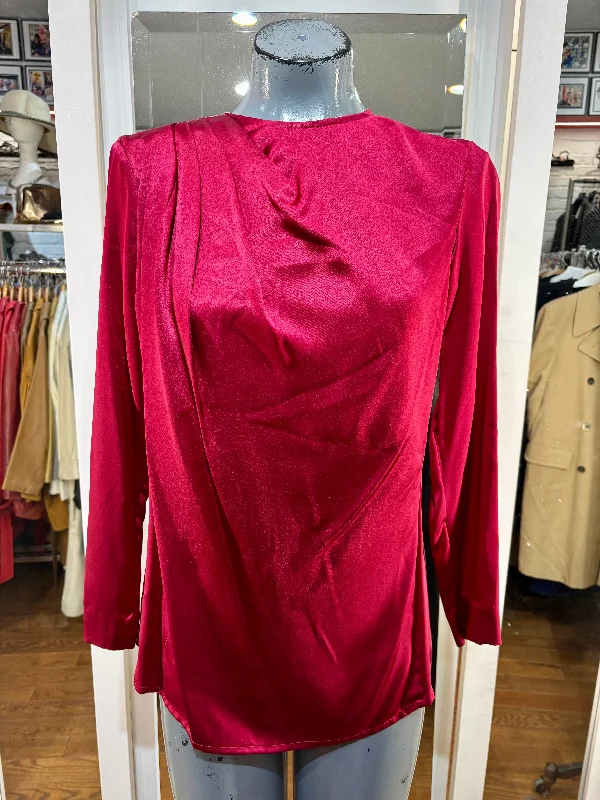 90’s Burgundy Silk Pleaded Crew Neck Long Sleeve Blouse Textured Cotton Blouse