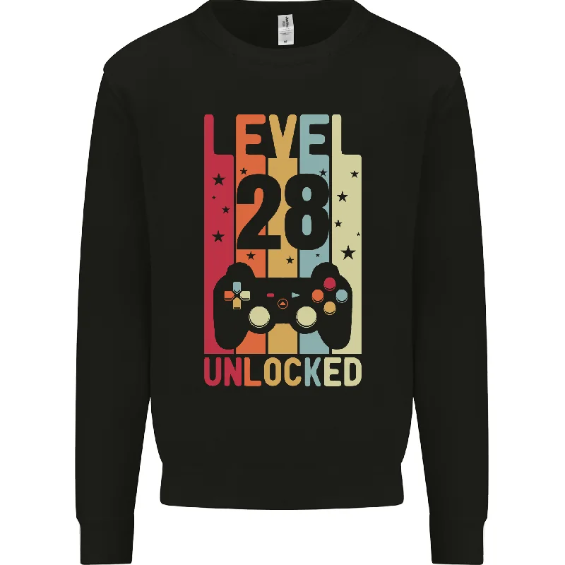 28th BIRTHDAY Level Up Gaming Sweatshirt | 28 Year Old Men's Jumper Hoodie with Double Zipper Versatile Adjustable