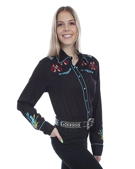 Pl-891 - L/s Kaktus Embr. Blouse Double Button Blouse